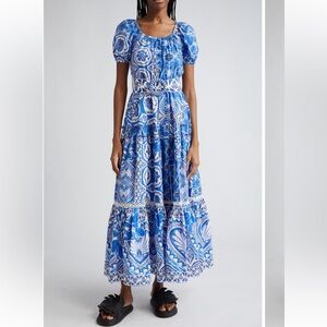 FARM Rio Blue and White Tiered Maxi Dress with Puff Sleeves